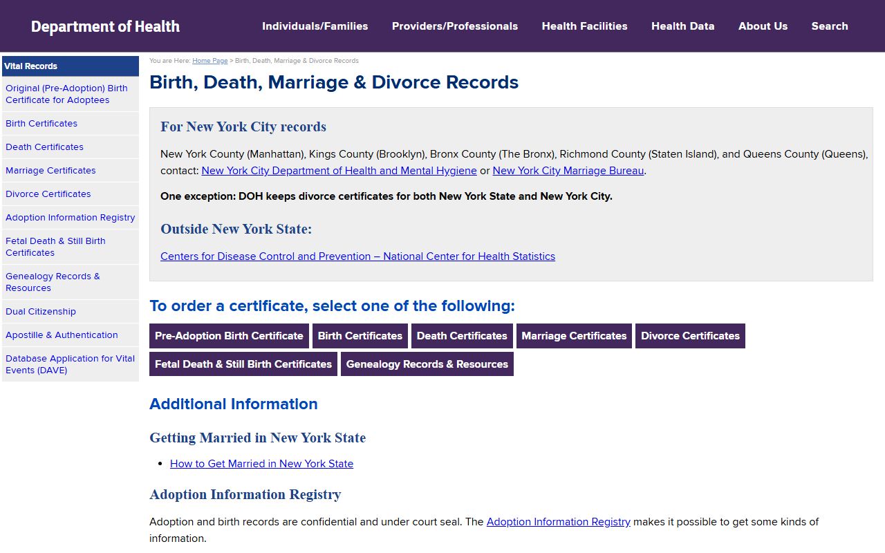 Rockland County marriage and divorce records New York State Vital Records page