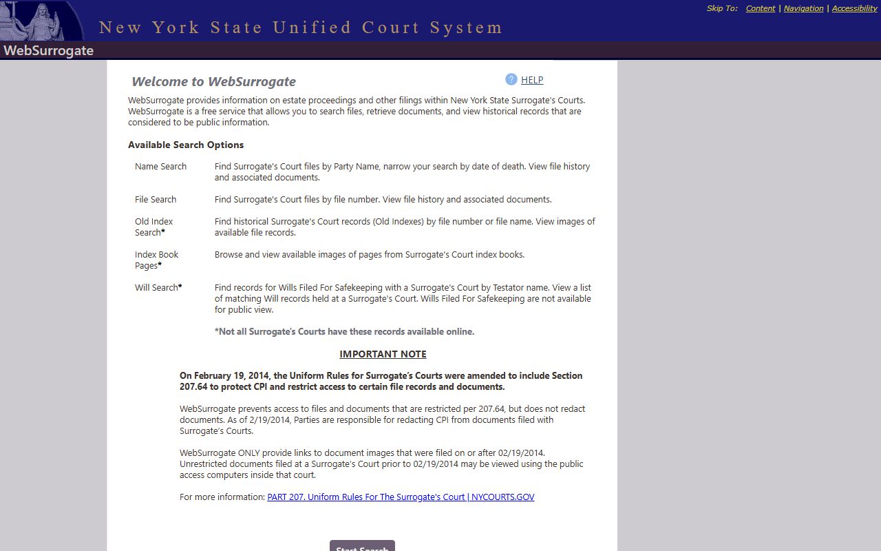 Rockland County Surrogate's Court records WebSurrogate online search screen