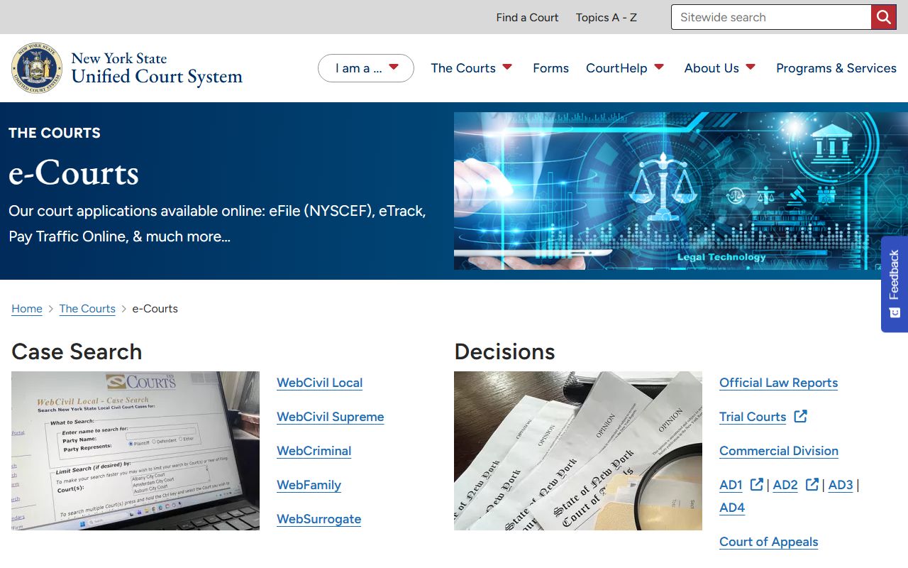 Rockland County court records eCourts landing page from NY Courts