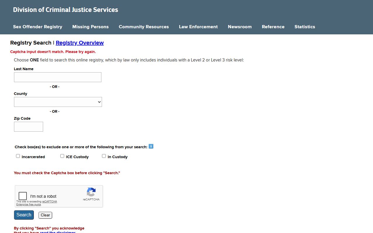 Rockland County released inmates DCJS sex offender registry search