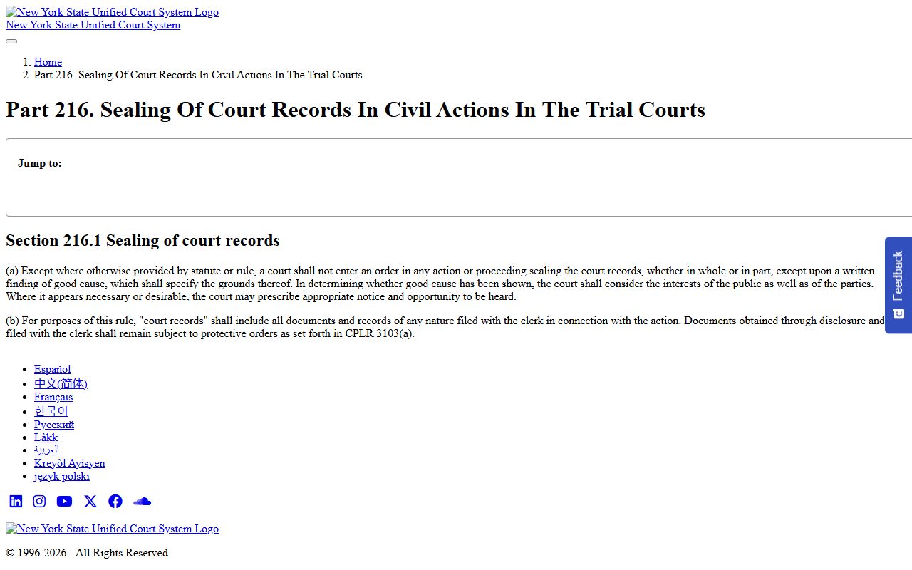 Rule 216.1 sealing rule for Rockland County civil court records