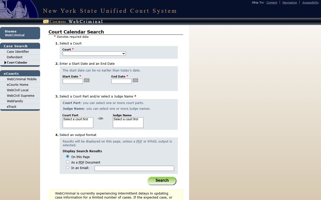 WebCriminal court calendar search for Rockland County court dockets