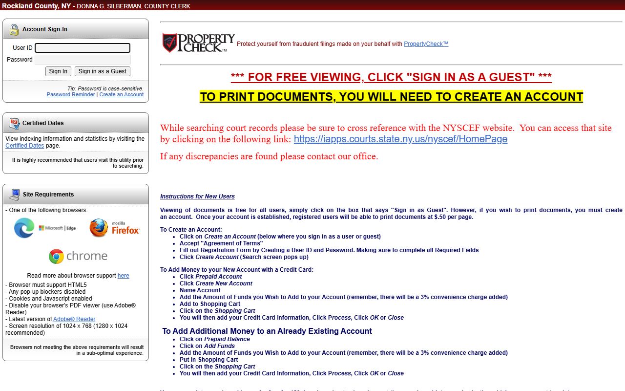 Rockland County Clerk eSearch court records portal login screen